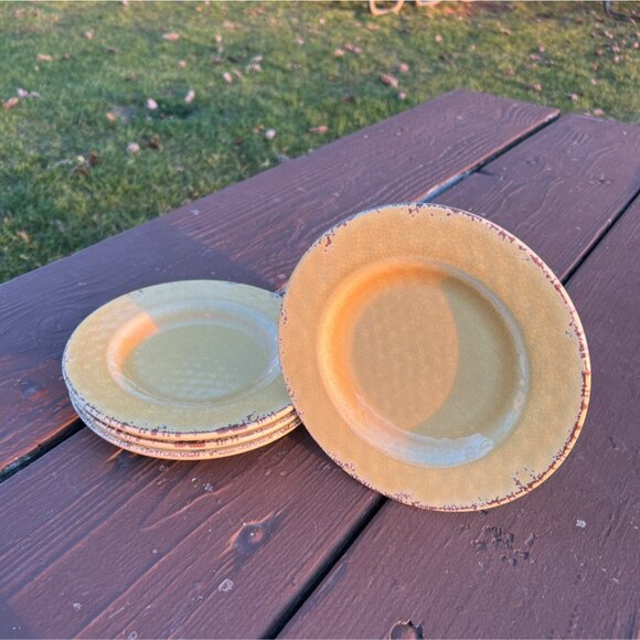 William Sonoma Rustic Yellow Salad Plates 8" Set Of 4 Vintage Distressed Look Du - Picture 3 of 8